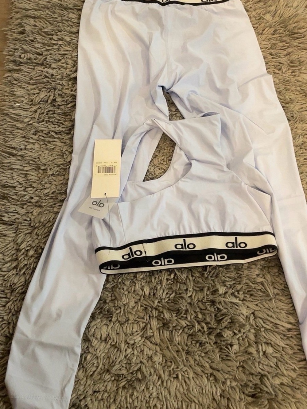ALO Yoga Light Blue Logo Elastic Sports Bra with Black/White Band